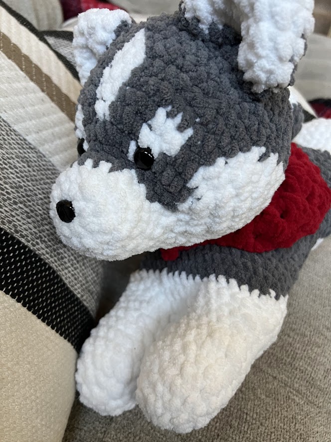 Husky Crochet Amigurumi Crocheted husky wearing a red bandana